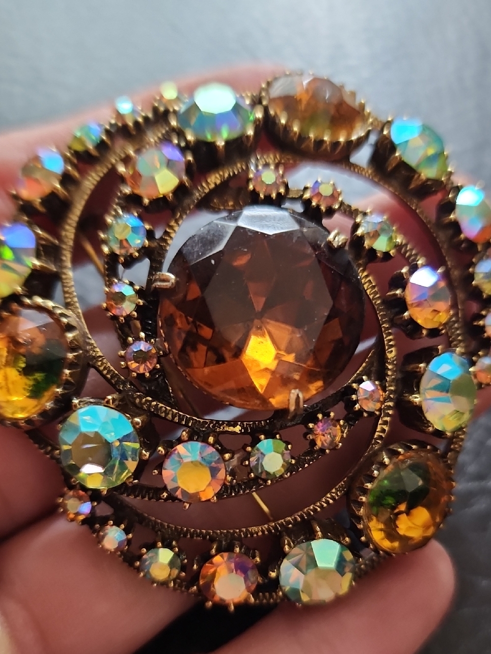 Vintage Brown and Aurora Borealis Crystal Brooch - Women Jewelry